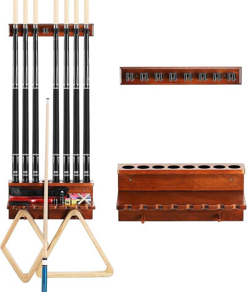 EXTCCT Wall Mount Pool Stick Holder - Billiards Pool Cue Rack Hardwood Pool Cue Set Holder for 8 Cues Sticks Storage Pool Table Accessories Equipment Organizer - Image 1